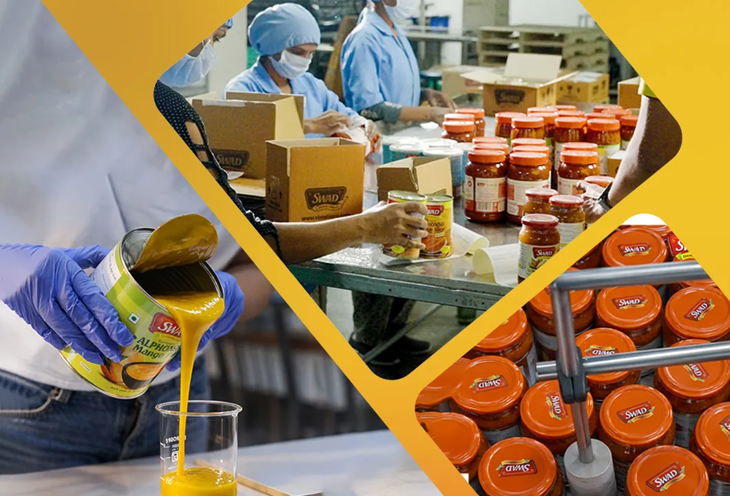 Bocaux et boîtes SWAD sur la ligne de mise en conserve de l'usine Vimal Agro à Bardoli, Gujarat